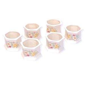 VTG Porcelain Napkin Rings • Ivory / Eggshell Base • Floral Bouquet • Hexagon